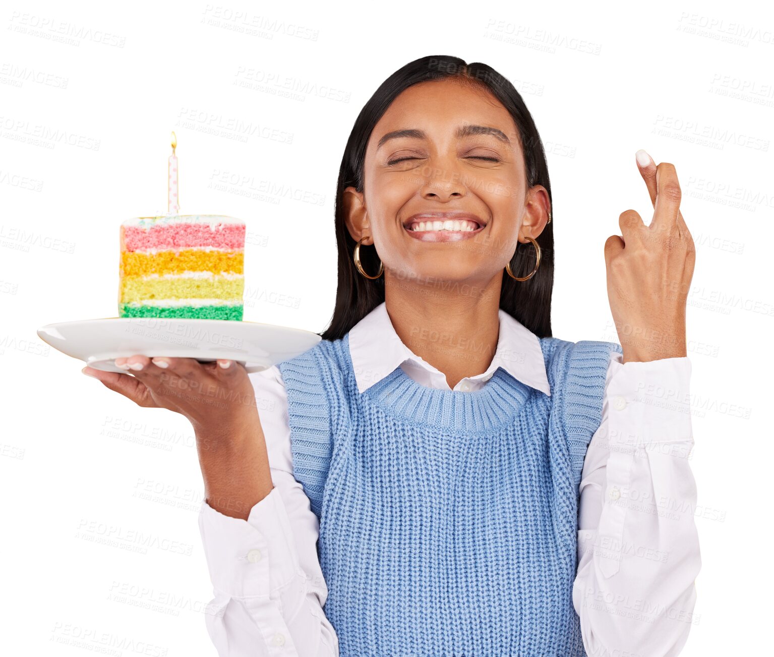 Buy stock photo Smile, wish and woman with cake, fingers crossed and celebration isolated on transparent background. Person, girl or model with hand gesture, cheerful or png with rainbow dessert, excited or gen z