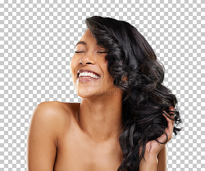 Buy stock photo Hair care, woman and hands with laughing for beauty, glow shampoo or shine isolated on png transparent background. Skincare, person and happy with cosmetics, confidence and hairstyle for wellness