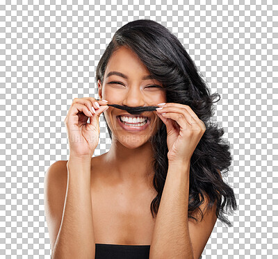 Buy stock photo Face, smile and hair mustache with woman isolated on a transparent background for natural beauty. Salon, comic and funny with a happy young model laughing on PNG for haircare or shampoo treatment