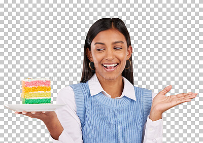 Buy stock photo Woman, rainbow cake and happy birthday celebration or wow party, dessert sweet or isolated on transparent png background. Indian person, smile for gift event surprise or candy snack, eating or hungry