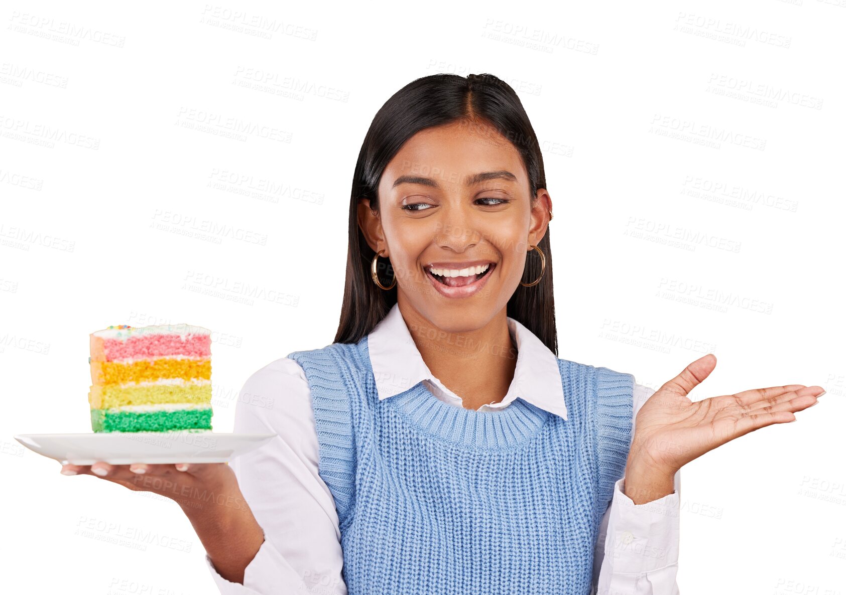 Buy stock photo Woman, rainbow cake and happy birthday celebration or wow party, dessert sweet or isolated on transparent png background. Indian person, smile for gift event surprise or candy snack, eating or hungry