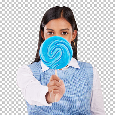 Buy stock photo Woman, cover eyes and candy in portrait for sweets, snack and dessert with funny comic. Young model, face and hide by blue lollipop as sugar confectionery and isolated on transparent png background