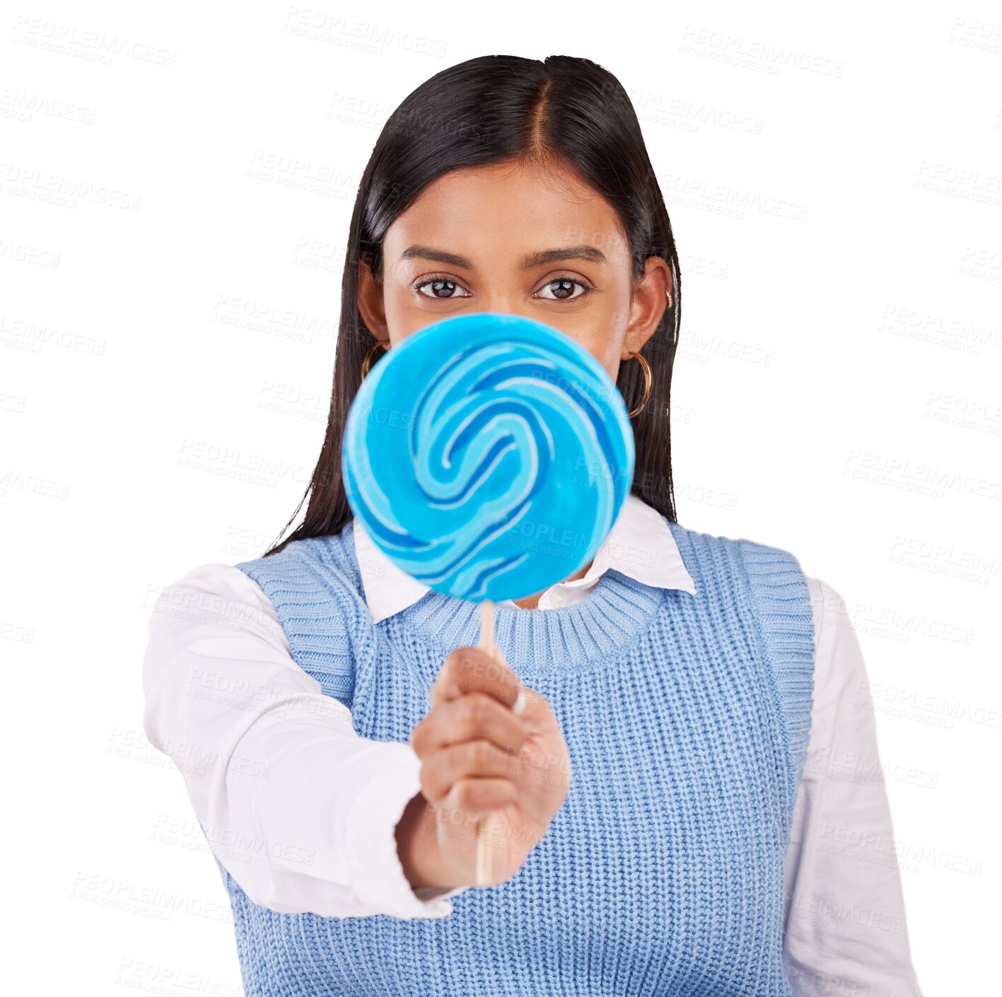 Buy stock photo Woman, cover eyes and candy in portrait for sweets, snack and dessert with funny comic. Young model, face and hide by blue lollipop as sugar confectionery and isolated on transparent png background