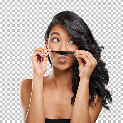 Buy stock photo Face, thinking and hair mustache with woman isolated on a transparent background for natural beauty. Salon, idea and funny with a happy young model on PNG for vision, haircare or shampoo treatment