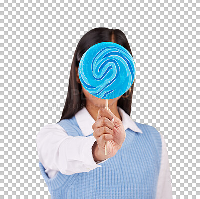 Buy stock photo Woman, cover eyes and sugar candy for sweets as snack, food and dessert with swirl pop in hand. Young model, hide face and blue lollipop with confectionery and isolated on transparent png background