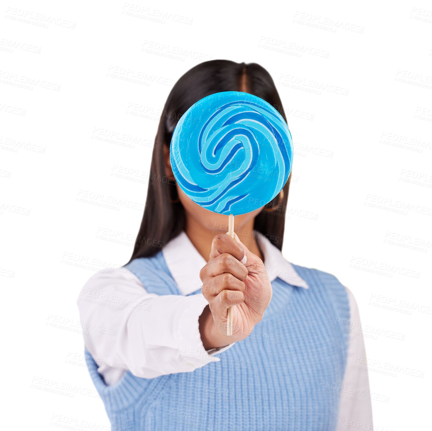 Buy stock photo Woman, cover eyes and sugar candy for sweets as snack, food and dessert with swirl pop in hand. Young model, hide face and blue lollipop with confectionery and isolated on transparent png background