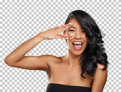 Buy stock photo Woman, smile and hand gesture for haircare, portrait and isolated on transparent png background. Black female person, happy and confident for keratin treatment or blowout, hairstyle and curly hair