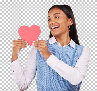 Buy stock photo Portrait, paper and woman with love, heart shape and smile isolated on transparent background. Face, person and model with symbol for romance, emoji and icon with png, happiness and sign with hope