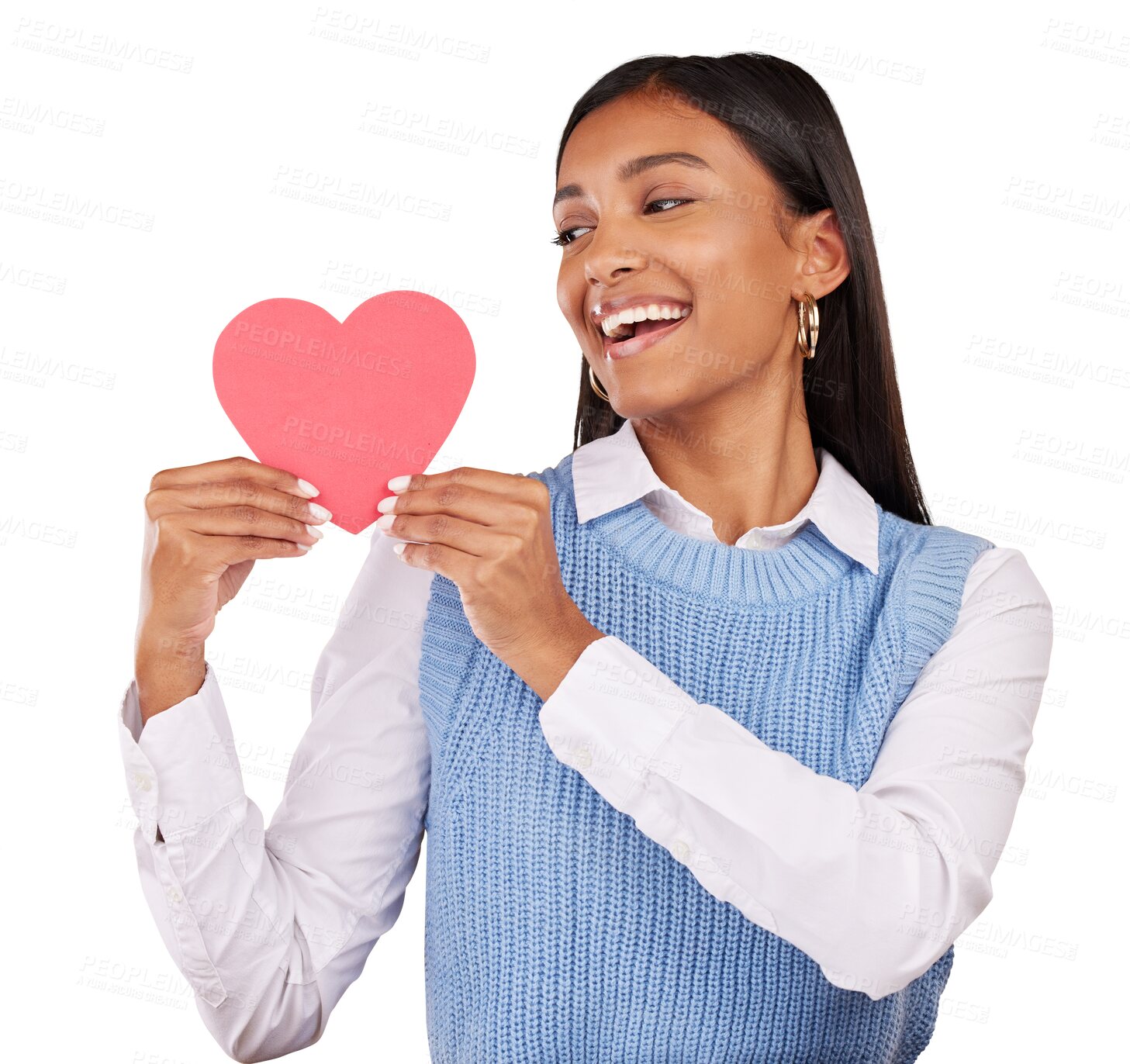 Buy stock photo Portrait, paper and woman with love, heart shape and smile isolated on transparent background. Face, person and model with symbol for romance, emoji and icon with png, happiness and sign with hope