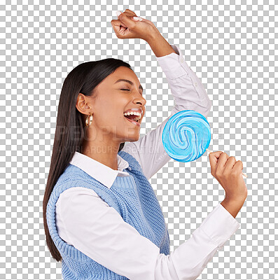 Buy stock photo Woman, singing and candy for sweets, dessert and snack with happiness on swirl pop. Young model, face and song by blue lollipop as sugar confectionery mic and isolated on transparent png background