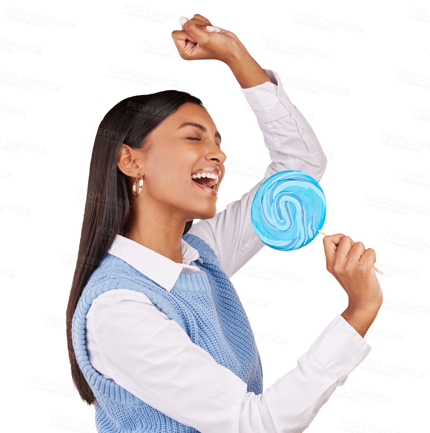 Buy stock photo Woman, singing and candy for sweets, dessert and snack with happiness on swirl pop. Young model, face and song by blue lollipop as sugar confectionery mic and isolated on transparent png background