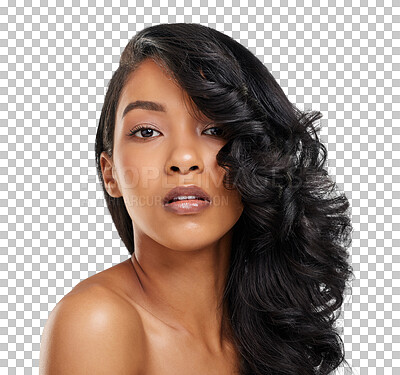 Buy stock photo Hair care, woman or portrait with serious for beauty, glow shampoo or shine isolated on png transparent background. Skincare, person and assertive with cosmetics, confidence or hairstyle for wellness