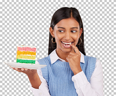 Buy stock photo Woman, birthday cake and excited for celebration dessert at party, congratulations or isolated on transparent png background. Indian person, finger bite for happy sweet food, rainbow snack for hungry