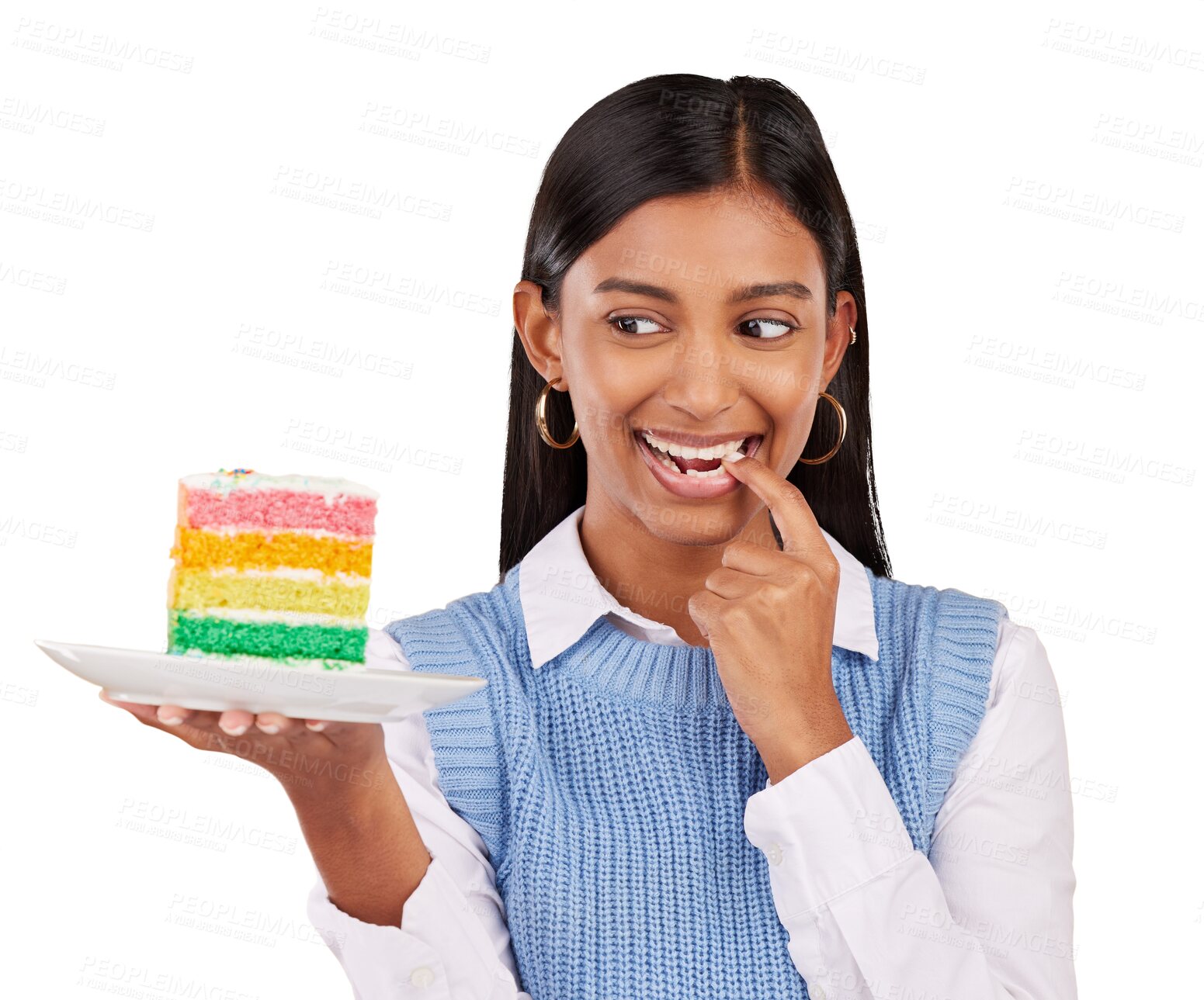 Buy stock photo Woman, birthday cake and excited for celebration dessert at party, congratulations or isolated on transparent png background. Indian person, finger bite for happy sweet food, rainbow snack for hungry