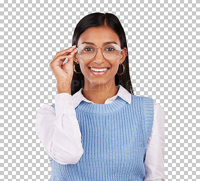 Buy stock photo Portrait, smile and vision with an indian woman in glasses isolated on a transparent background. Fashion, happy and a young person in prescription frame lens eyewear on PNG to improve eyesight