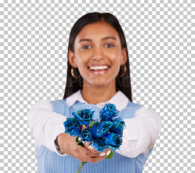 Buy stock photo Woman, portrait or smile with flowers or bouquet for gift, present or love isolated on png transparent background. Face, blue roses or happy person and romance or kindness for anniversary celebration