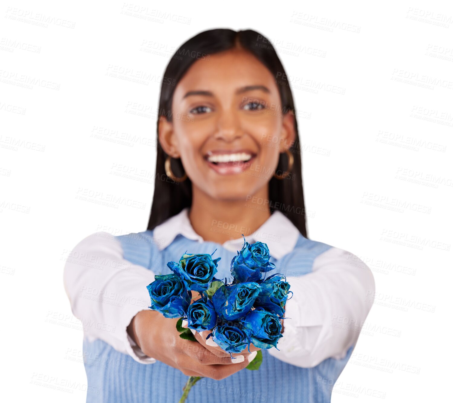 Buy stock photo Woman, portrait or smile with flowers or bouquet for gift, present or love isolated on png transparent background. Face, blue roses or happy person and romance or kindness for anniversary celebration