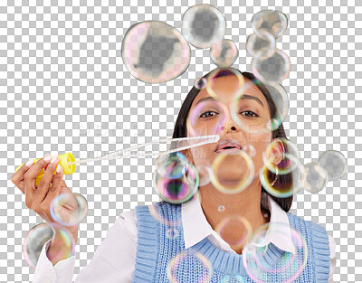 Buy stock photo Woman, blow bubbles or happiness in portrait for relaxed, positive attitude or cheerful break. Indian model, face and liquid soap with celebrate in wellness and isolated on transparent png background