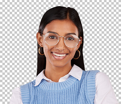 Buy stock photo Portrait, happy and vision with an indian woman in glasses isolated on a transparent background. Fashion, smile and a young person in prescription frame lens eyewear on PNG to improve eyesight