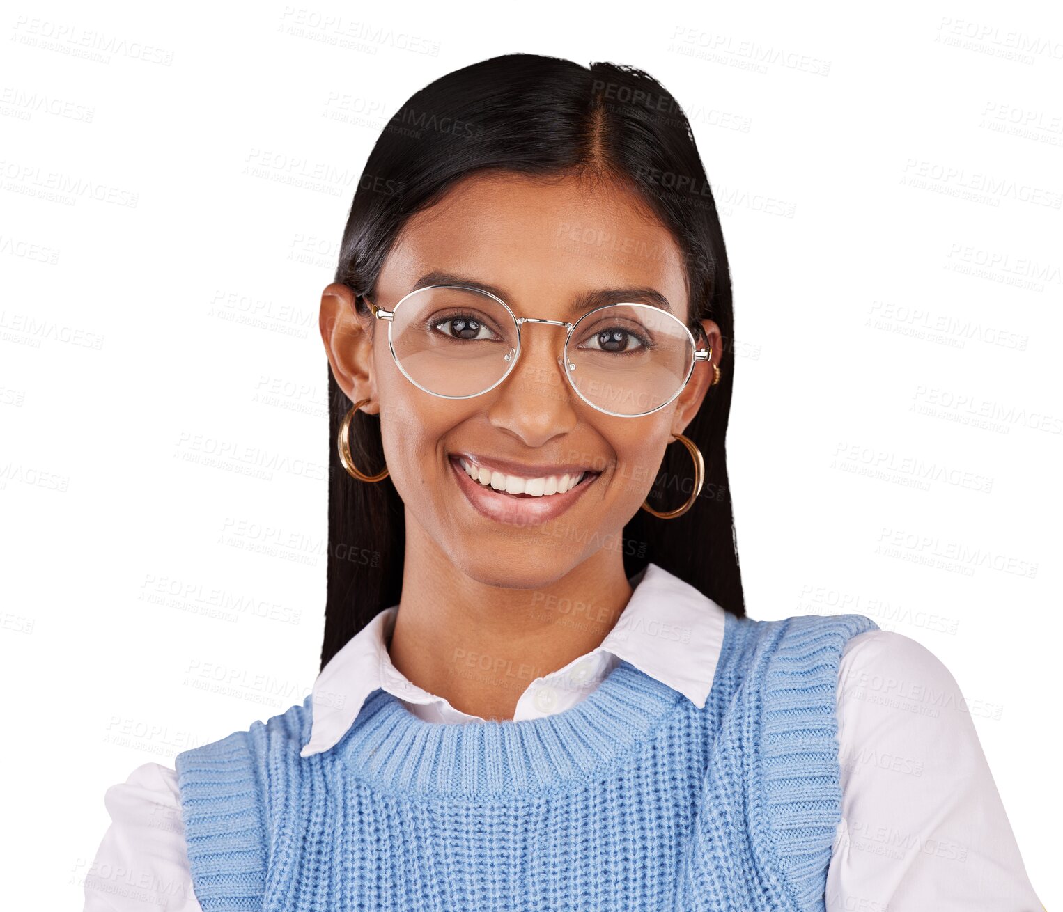 Buy stock photo Portrait, happy and vision with an indian woman in glasses isolated on a transparent background. Fashion, smile and a young person in prescription frame lens eyewear on PNG to improve eyesight