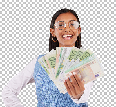 Buy stock photo Happy woman, portrait and cash money for competition or lottery prize isolated on a transparent PNG background. Female person or winner in finance, payment or savings investment for profit or growth