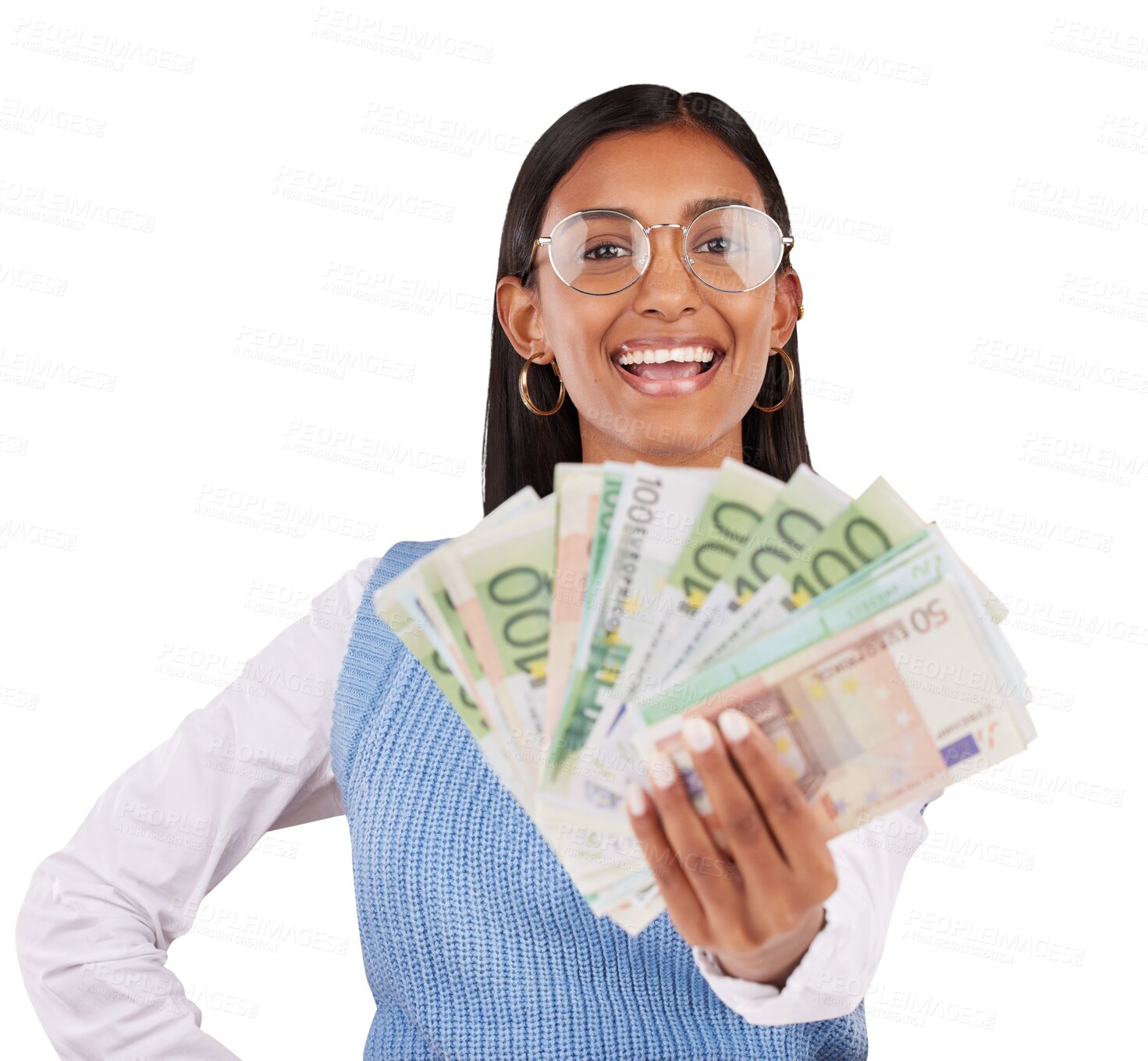 Buy stock photo Happy woman, portrait and cash money for competition or lottery prize isolated on a transparent PNG background. Female person or winner in finance, payment or savings investment for profit or growth