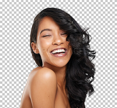 Buy stock photo Hair care, woman and portrait with laughing for beauty, glow shampoo or shine isolated on png transparent background. Skincare, person and happy with cosmetics, confidence and hairstyle for wellness