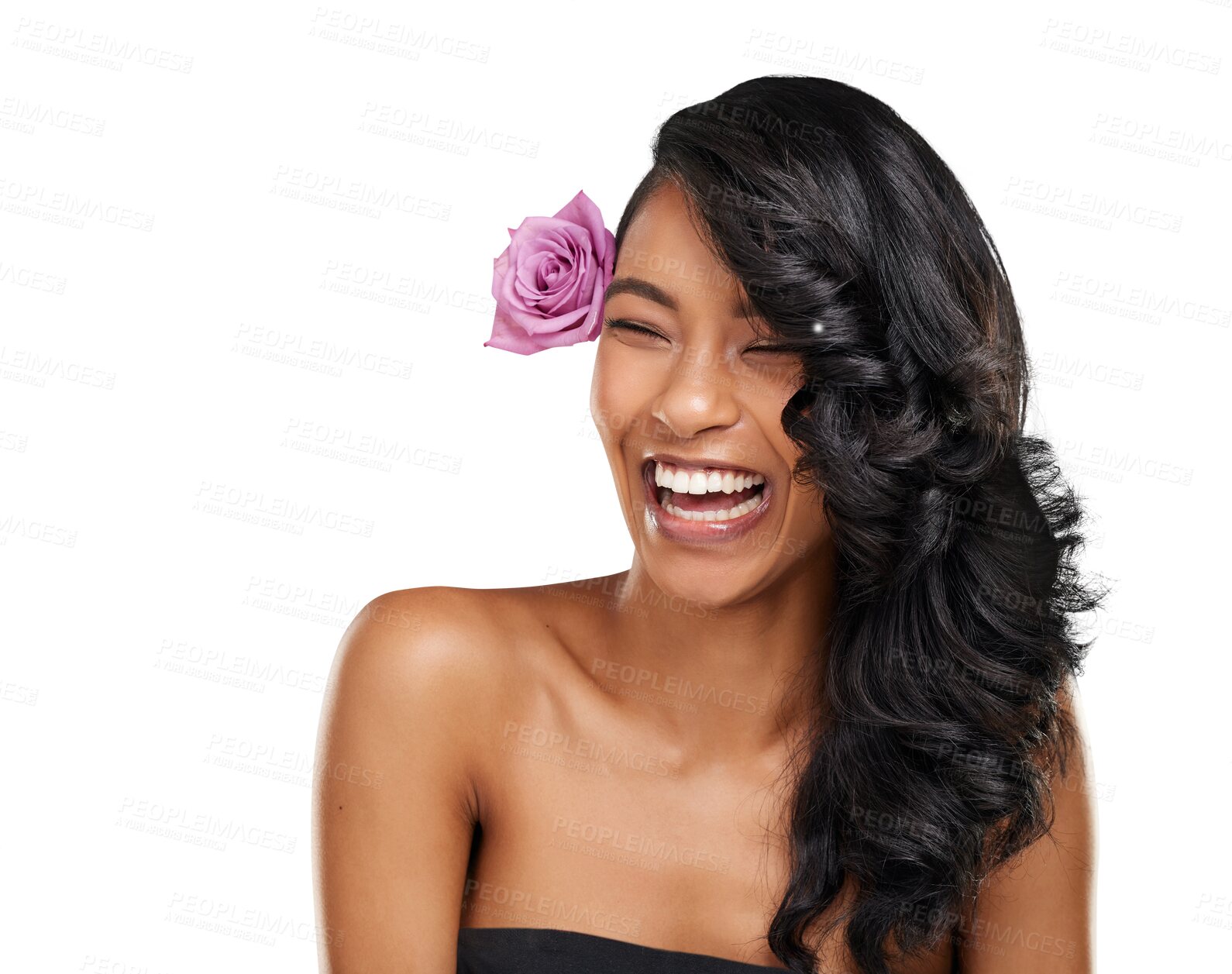 Buy stock photo Face, laugh and happy woman with hair flower for eco cosmetics, hairstyle or beauty self care, wellness or texture shine. Humour, hairdressing and floral model isolated on transparent, png background