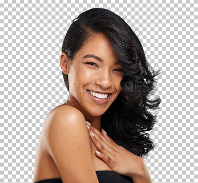 Buy stock photo Hair care, woman and portrait with happy for beauty, glow shampoo or hand isolated on png transparent background. Skincare, person or smile with cosmetics, confidence and shine hairstyle for wellness