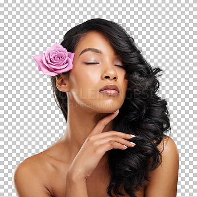 Buy stock photo Face, relax woman or hair flower for eco cosmetics, texture shine or sustainable beauty care, aesthetic hairstyle or wellness. Spa, eyes closed or floral model isolated on transparent, png background