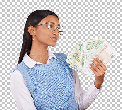 Buy stock photo Woman, cash money and competition for lottery prize, salary or bonus isolated on a transparent PNG background. Female person or winner in finance, payment or savings investment for profit or growth