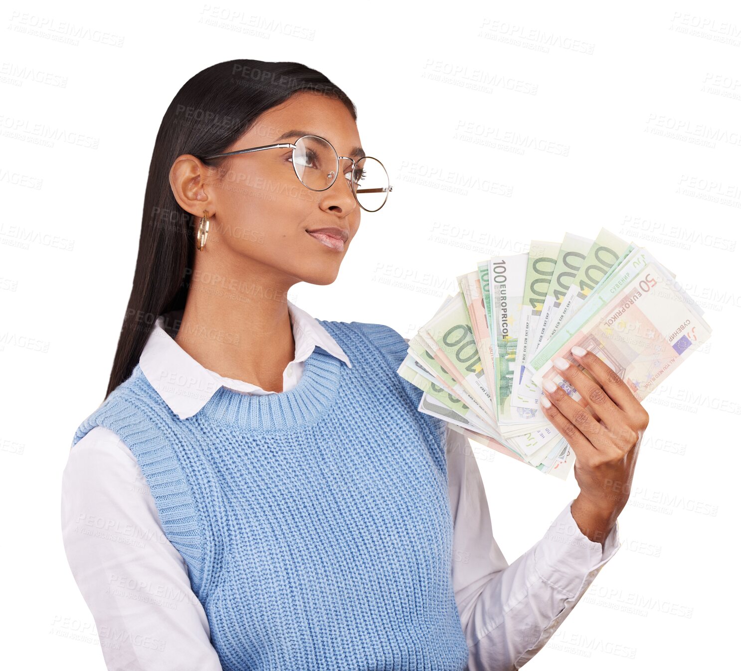 Buy stock photo Woman, cash money and competition for lottery prize, salary or bonus isolated on a transparent PNG background. Female person or winner in finance, payment or savings investment for profit or growth