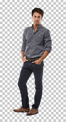 Buy stock photo Man, portrait and fashion confidence or cool style, trendy outfit or isolated on transparent png background. Male person, face and casual clothes for relax weekend or handsome, pose for good mood