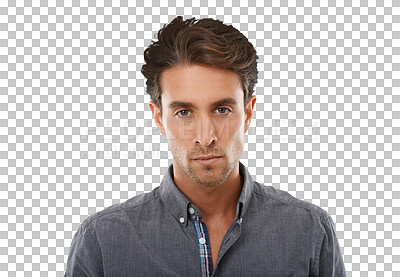 Buy stock photo Man, portrait and serious with confidence for fashion, casual style and trendy isolated on png transparent background. Person, face or assertive with disappointment, unhappy expression or edgy outfit