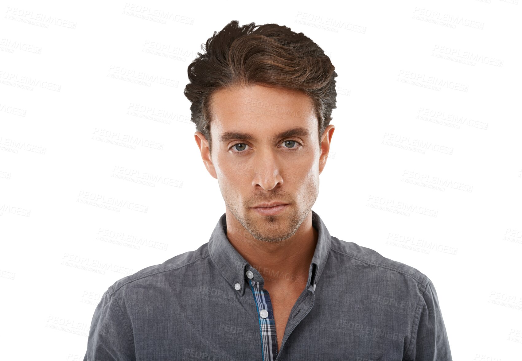 Buy stock photo Man, portrait and serious with confidence for fashion, casual style and trendy isolated on png transparent background. Person, face or assertive with disappointment, unhappy expression or edgy outfit