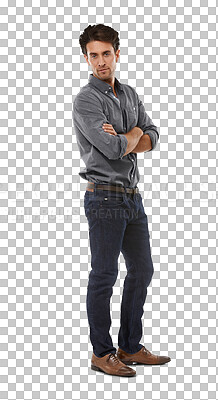 Buy stock photo Fashion, pride and portrait of man with confidence on isolated, png and transparent background. Full body, hands on hips and person with positive attitude in trendy clothes, cool outfit and style