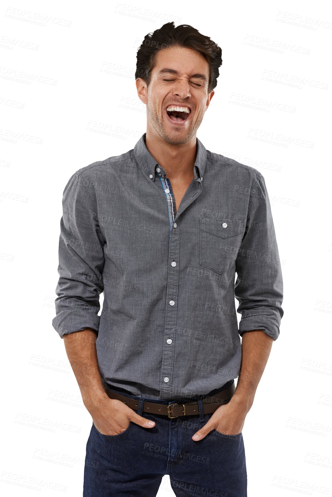 Buy stock photo Fashion, happy and man excited for news on isolated, png and transparent background with happiness. Surprise emoji, laughing and person with positive attitude in trendy clothes, cool outfit and style