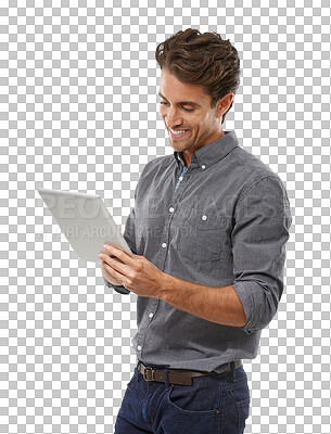 Buy stock photo Happy man, tablet and social media for communication or networking isolated on a transparent PNG background. Handsome young male person smile with technology for internet, connection or online app