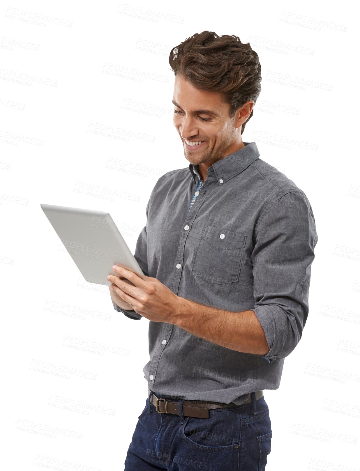 Buy stock photo Happy man, tablet and social media for communication or networking isolated on a transparent PNG background. Handsome young male person smile with technology for internet, connection or online app