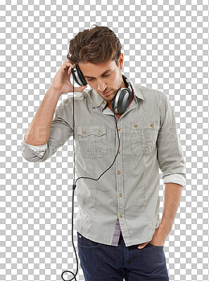 Buy stock photo Fashion, confident and young man with headphones and casual, stylish and trendy outfit. Serious, cool and handsome person listen to music, playlist or radio isolated by transparent png background.