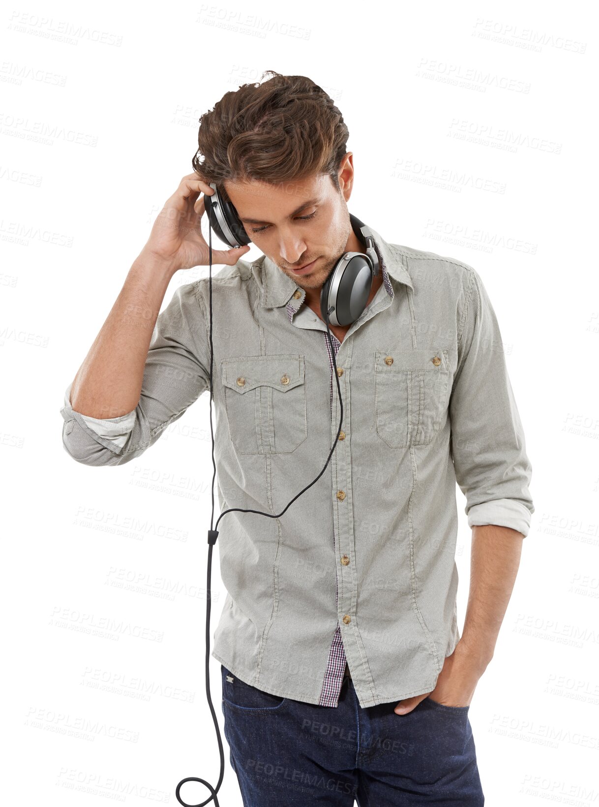 Buy stock photo Fashion, confident and young man with headphones and casual, stylish and trendy outfit. Serious, cool and handsome person listen to music, playlist or radio isolated by transparent png background.