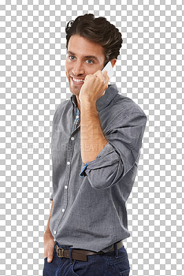 Buy stock photo Man, happy and phone call for communication, smile and isolated on transparent png background. Male person, talking and connection or networking, smartphone and conversation or technology or chat