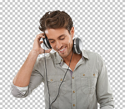 Buy stock photo Happy man, headphones and eyes closed for listening to music by sound, audio or song. Brazilian person, dj and smile for occupation, job or career on isolated or transparent png background for party 