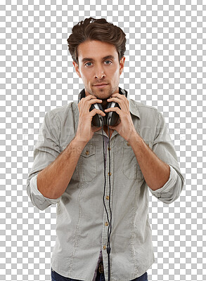 Buy stock photo Portrait, man and headphones for listening to music by sound, audio or song. Brazilian person, male dj and serious expression for occupation, job or career on isolated or transparent png background