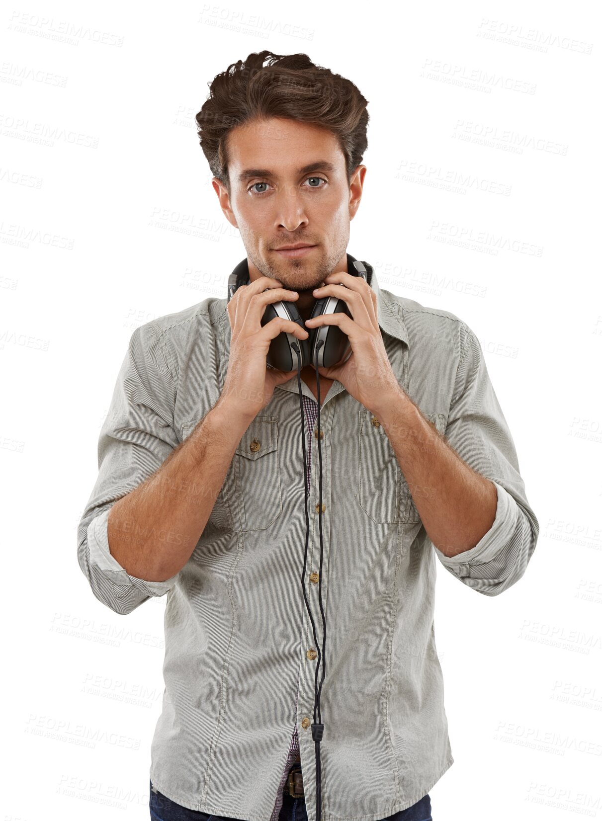 Buy stock photo Portrait, man and headphones for listening to music by sound, audio or song. Brazilian person, male dj and serious expression for occupation, job or career on isolated or transparent png background