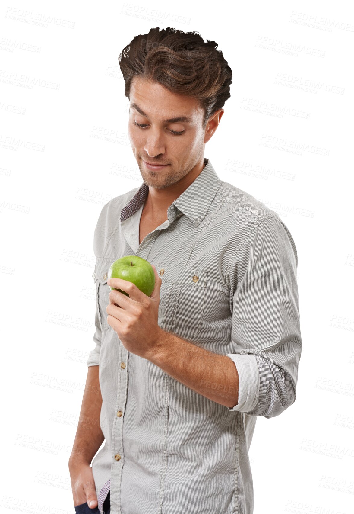 Buy stock photo Man, apple and thinking for healthy, choice or vegetarian diet for wellness, nutrition and weight loss. Brazilian person, fruit and benefits on isolated or transparent png background for wellbeing