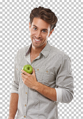 Buy stock photo Portrait, happy man and apple for healthy, choice or diet for wellness, nutrition and weight loss. Brazilian person, fruit and smile in decision on isolated or transparent png background for benefits