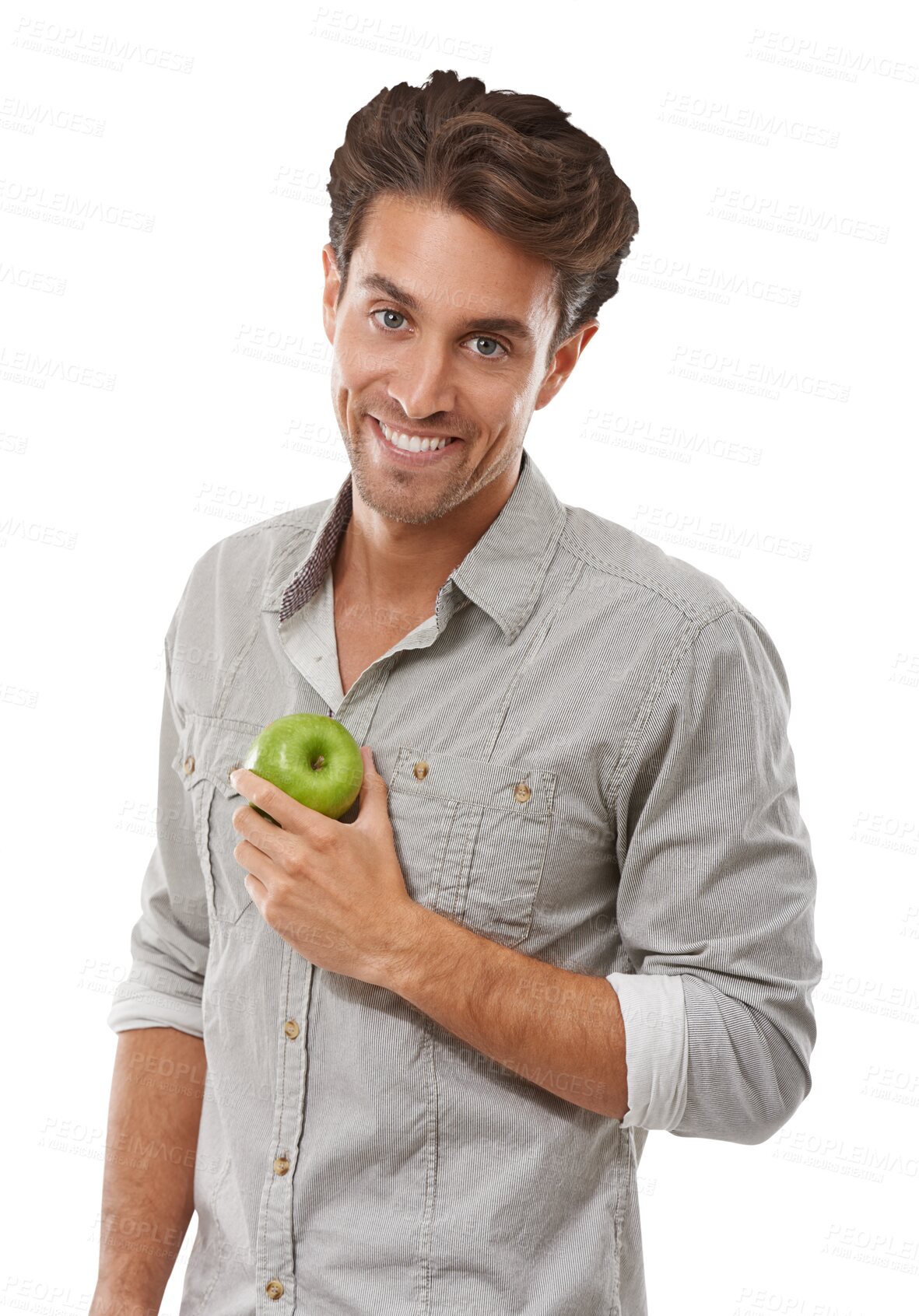 Buy stock photo Portrait, happy man and apple for healthy, choice or diet for wellness, nutrition and weight loss. Brazilian person, fruit and smile in decision on isolated or transparent png background for benefits