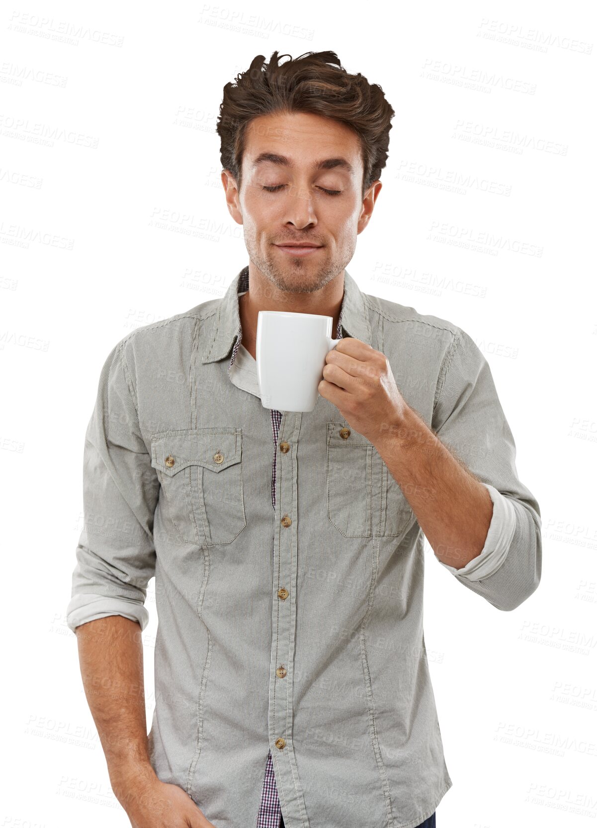 Buy stock photo Smell, aroma and man with coffee, relax and happiness isolated on a transparent background. Person, guy and model with espresso, peaceful and calm with tea, cappuccino and png with joy and smile