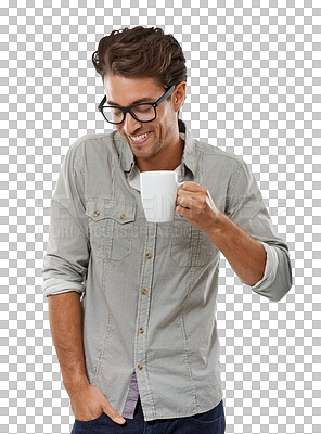 Buy stock photo Man, happy and cup of coffee for work break, creative consultant and espresso drink for calm morning. Model, tea and smile with relax wellness on weekend or isolated on transparent png background